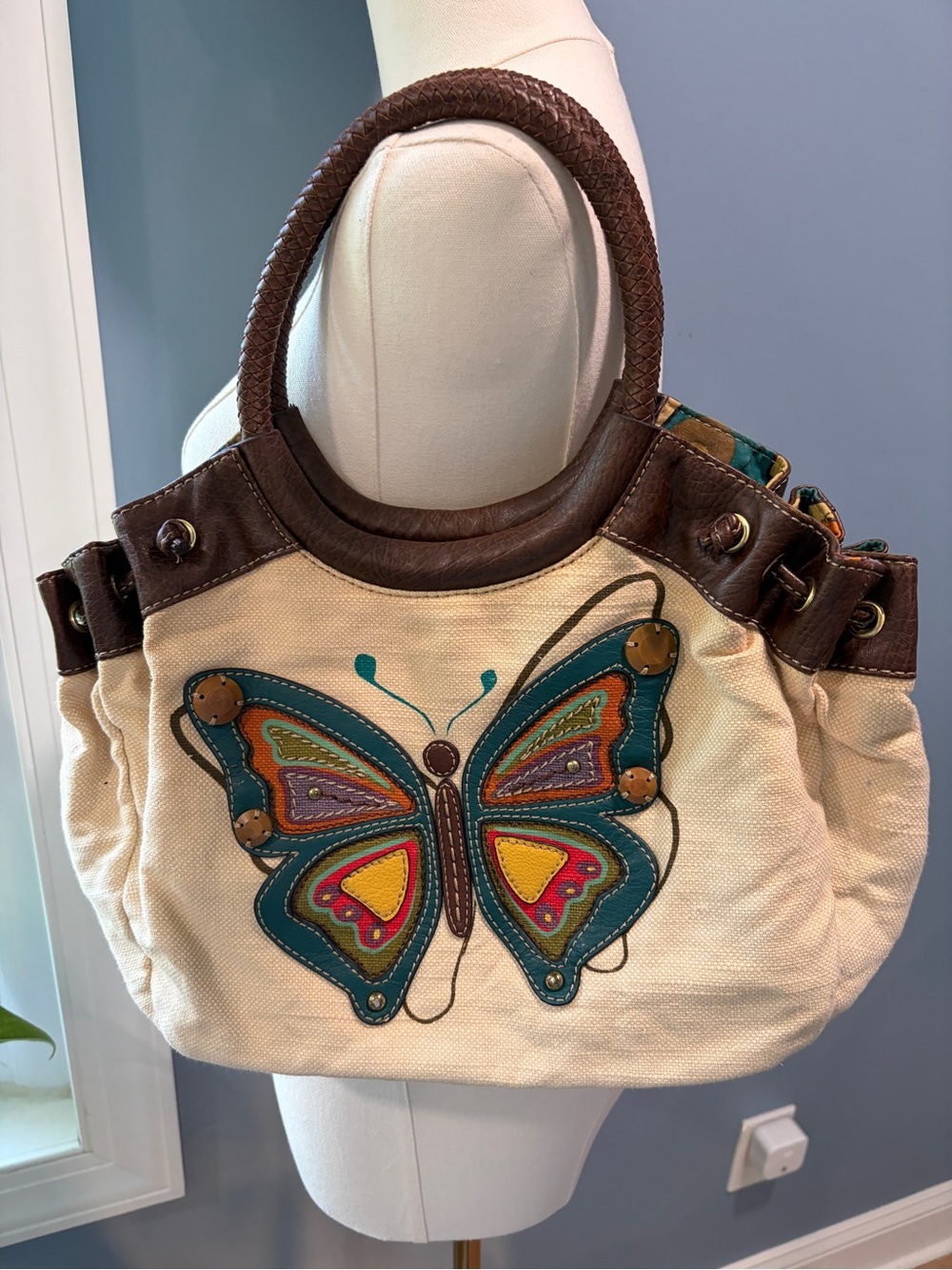 Vintage Relic Butterfly Canvas Satchel Bag Boho Embroidered Purse Tote - Picture 1 of 10
